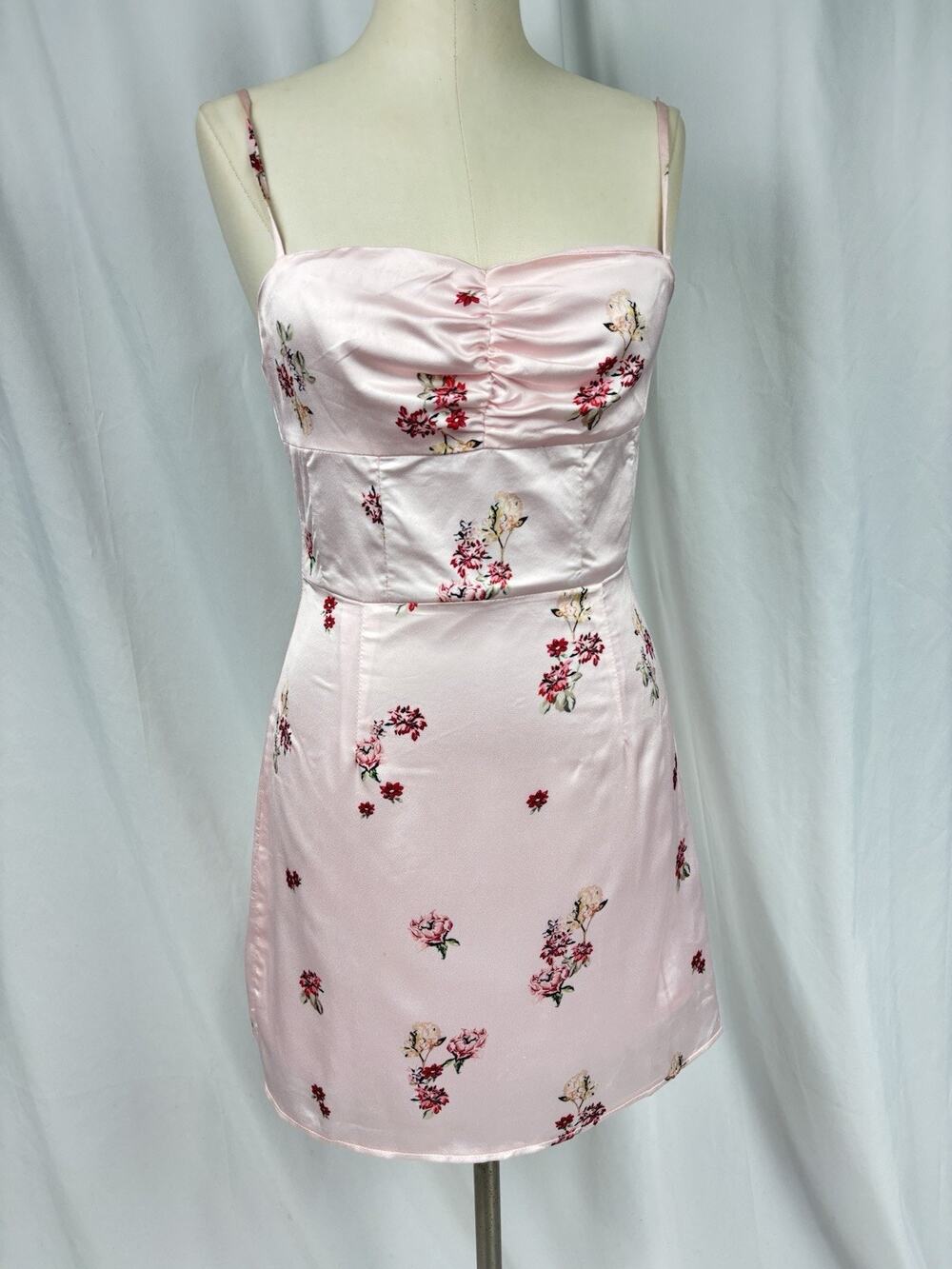 Princess Polly Women’s 4 Satin Pink Satin Mini Dress Spaghetti Strap Floral Y2K